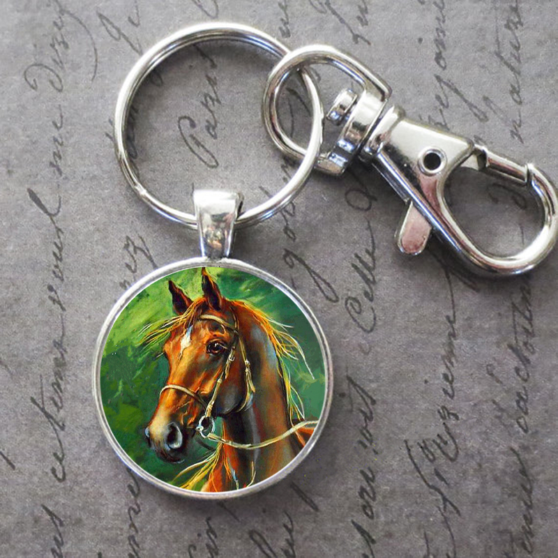 

Oil Painting Horse Key Ring Key Chain Buckle Glass Crystal Pendant Birthday Festival Anniversary Gift Jewelry Accessories
