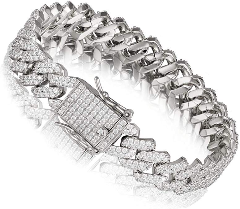 

14K Gold/White Gold Plated 14mm Hip Hop Full Iced Out Miami Cuban Link Chain Choker CZ Lab Diamond Bracelet for Men