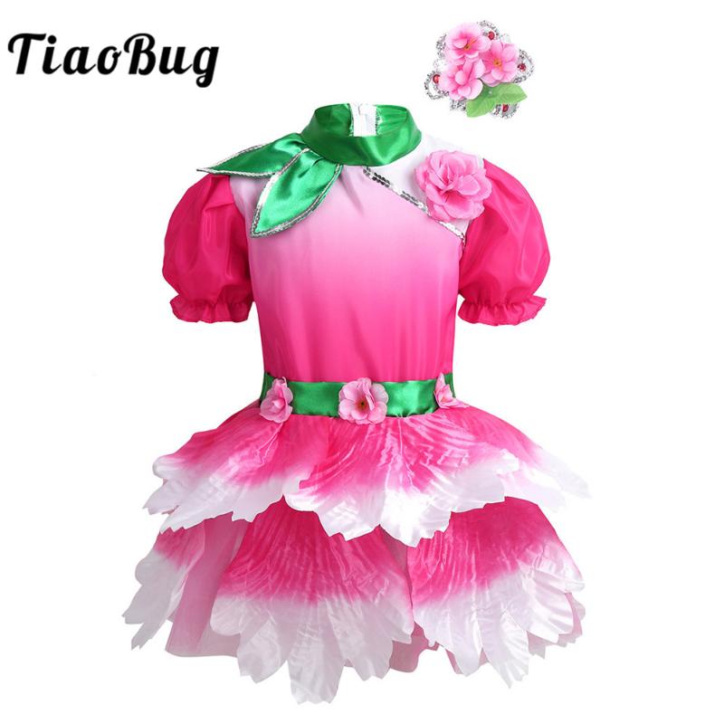 

TiaoBug Kids Puff Sleeves 3D Flower Leotard Girls Ballet Tutu Dress with Headwear Modern Stage Performance Jazz Dance Costume, Rose pink