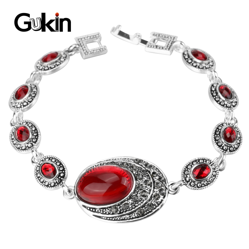 

Gukin Fashion Red Women's Bracelets Charm Silver Color Gray Crystal Big Oval Main Stone Bracelet Boho Jewelery Free Shiping