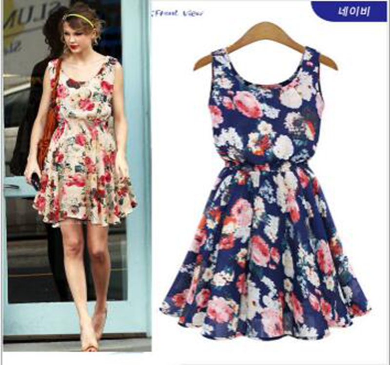 

Women's explosion models summer bottoming skirt sleeveless printed chiffon dress flower vest skirt, Beige