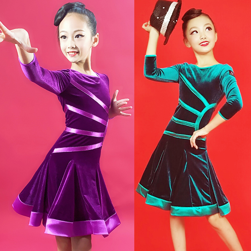 

Children'S Velvet Long-Sleeved Latin Dance Dress For Girls Practice Clothes Autumn Kids Ballroom Cha Cha Samba Dancewear DL5396, Green