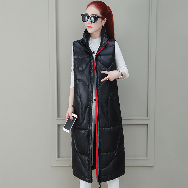 

Women Cotton Vest 2019 New Winter Fashion Solid Patchwork Stand Collar Sleeveless Zipper Pockets Thick Loose Long Outerwear, Black