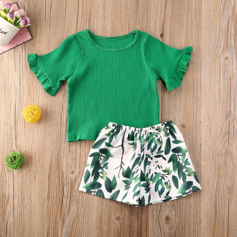 

2020 Summer Infant Baby Girls Clothes Sets Flare Short Sleeve Green T Shirts Tops Floral Shorts 2pcs Outfits, As pic
