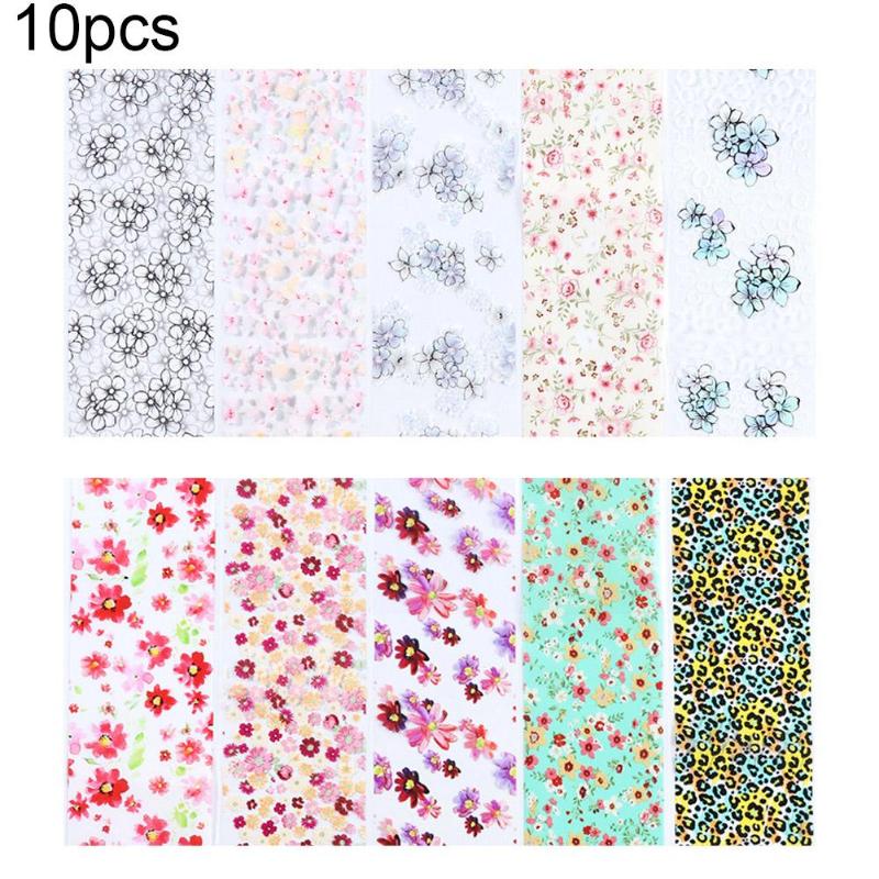 

10Sheets Nail Flowers Foil Set Mixed Designs Nail Art Transfer Sticker Starry Paper Adhesive Floral Art Decor Tip, 10pcs
