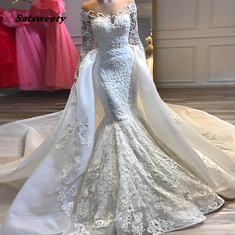 Appliques de luxe robes de mariée sirène robes de mariée encolure dégagée manches longues perlée train détachable robe de Noiva