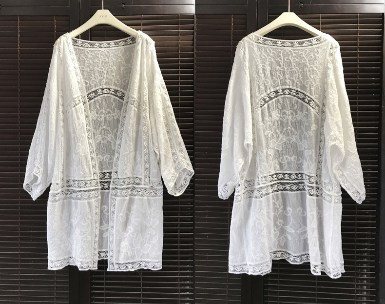 

Long Lace Shirt Women Clothing Three Quarter Summer 2020 New Hollow out Blouse Korea Loose Cover-ups Kimono, As pic