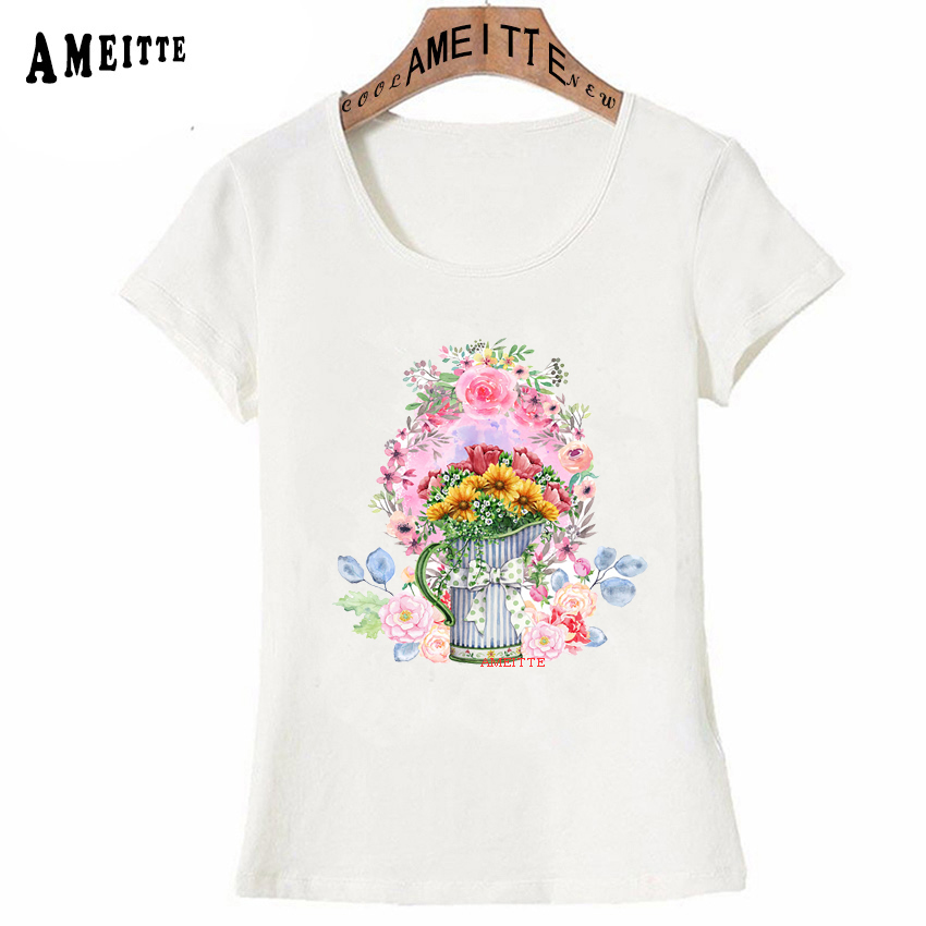 

Cute Watercolor flowers vase Print T-Shirt Summer Fashion Women Short Sleeve Simple O-neck Casual Tees Ameitte Cute White Tops, Z7517