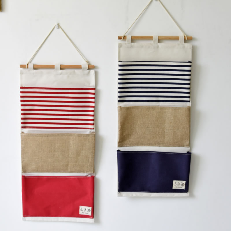 

Zakka multi-functional stripe splicing storage bag 3 bags of sundries storage hanging bag / wall wall finishing, Red