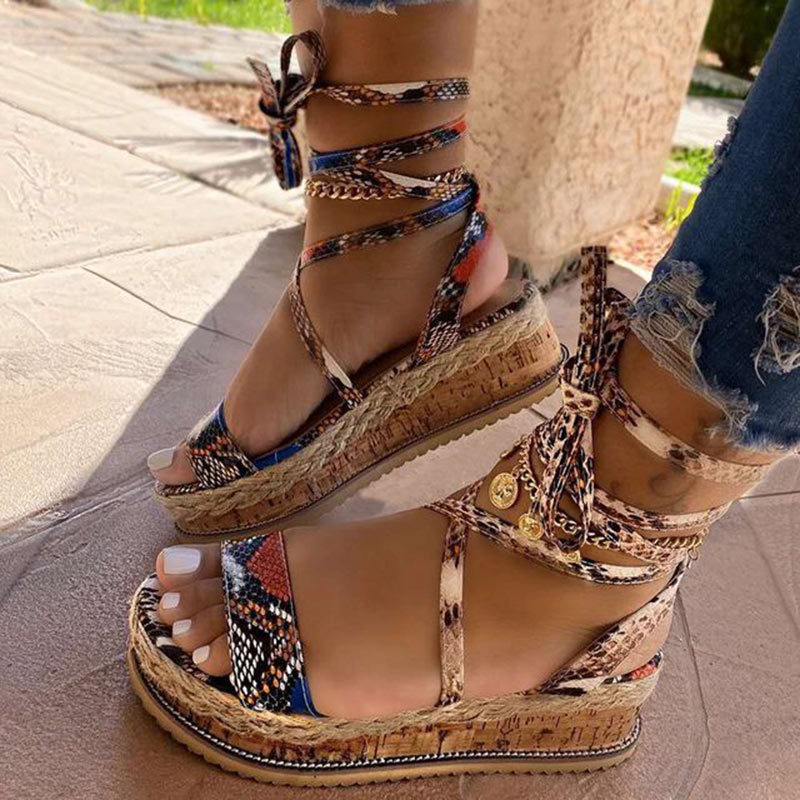 

Women Sandals Snake Printing increasing Women shoes Summer Platform shoes Ladies Cross Strap Ankle Lace Peep Toe femmes sandales, Black