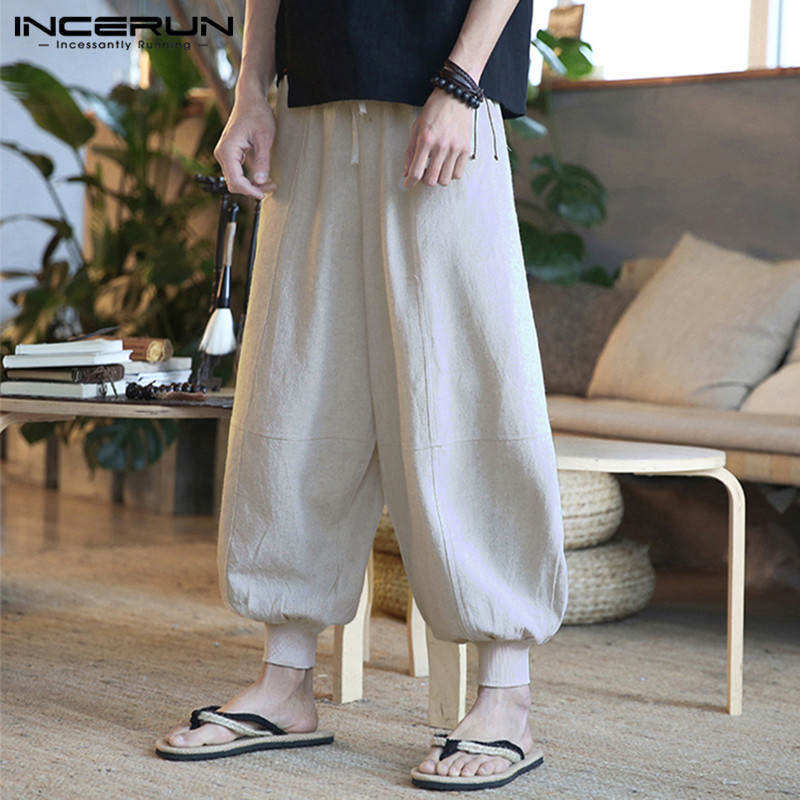 

2020Summer Men Wide Leg Pants Fashion Men Baggy Streetwear Vintage Cotton Drawstring Solid Loose Casual Harem Trousers Plus Size, Black