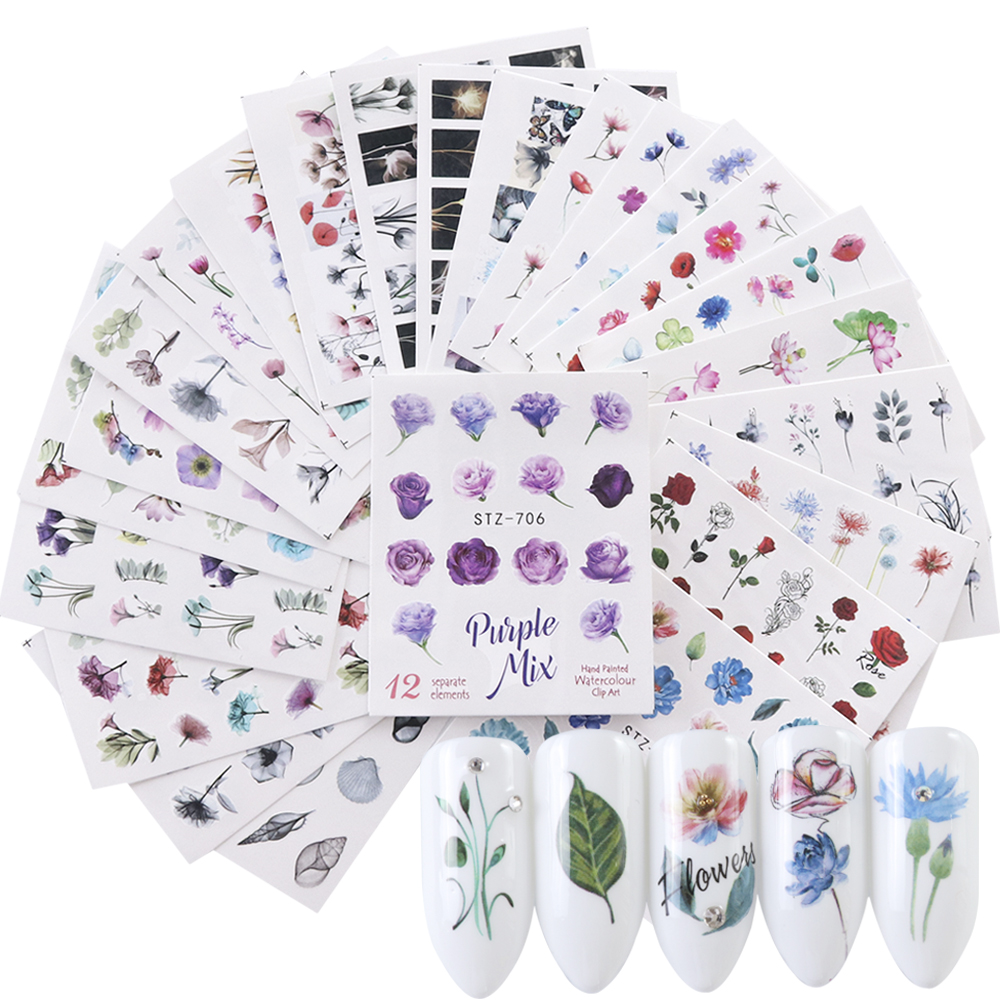 

24pcs Watercolor Floral Flower Sticker Nail Decals Set Flamingo Sea Horse Designs Gel Manicure Decor Water Slider CHSTZ683-706