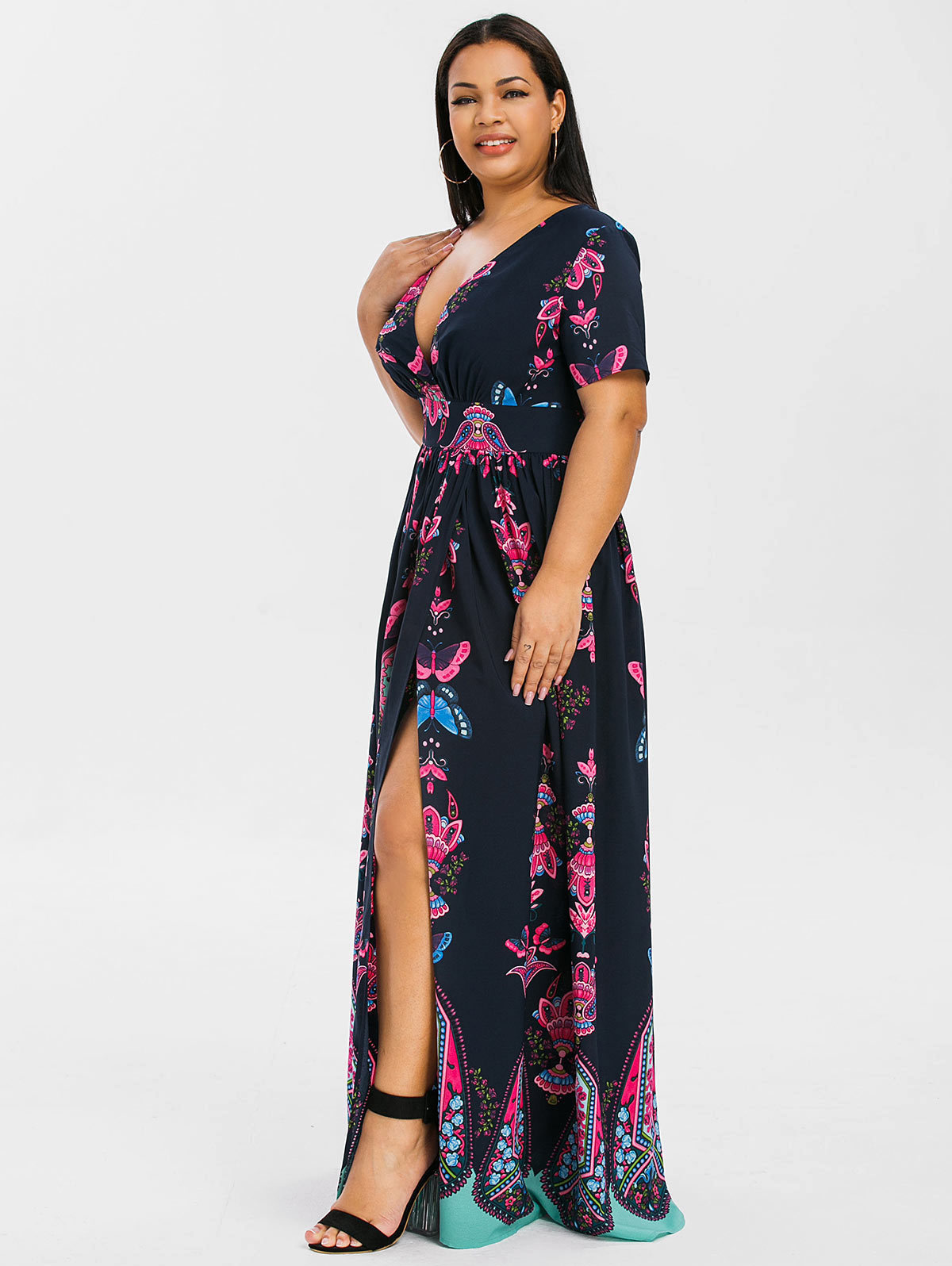 plus size printed maxi split dress