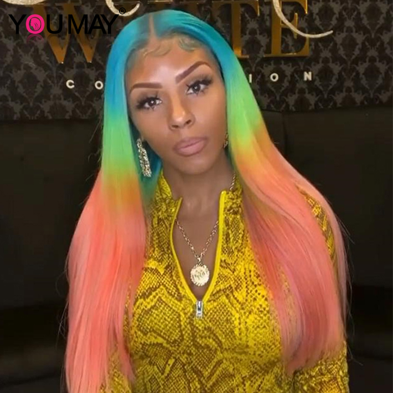 

Straight Full Lace Human Hair Wigs Rainbow Colored Peruvian Wig Pre Plucked Baby Hair 30 Inch Wig T# Lace You May Colorful