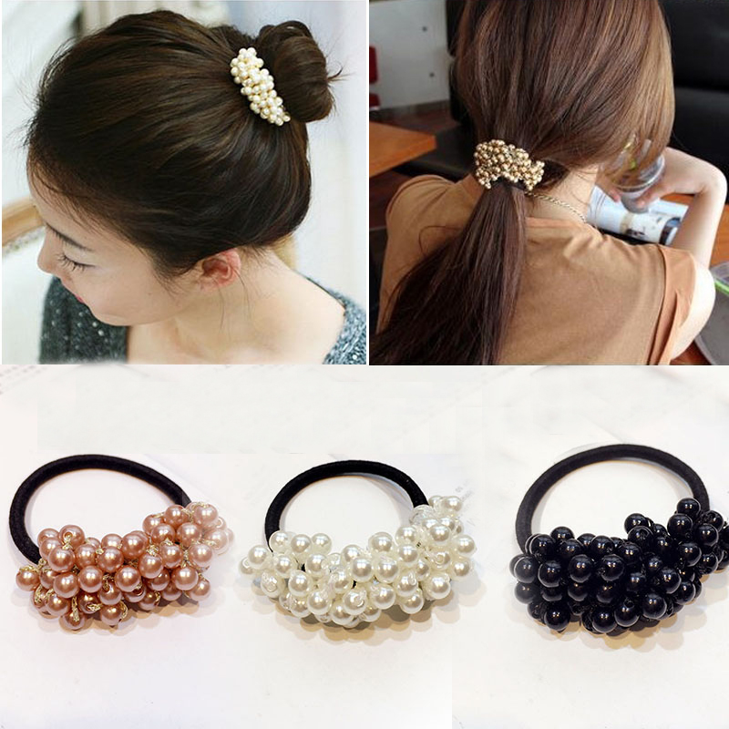 

Hot 20pcs/lot Hair Accessories Pearls Beads Headbands Ponytail Holder Girls Scrunchies Vintage Elastic Hair Bands Rubber Rope Headdress