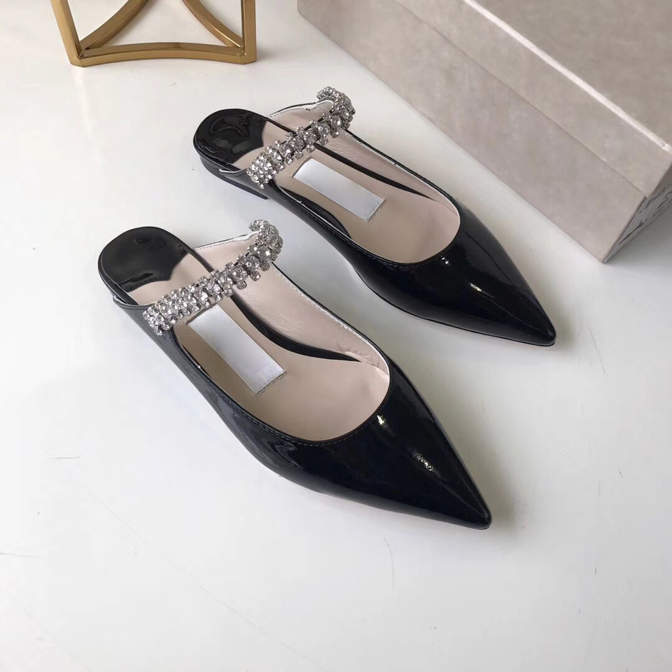 

Hot Sale-Heel Sandal Women Pointed Crystal Strap Sandal Patent Leather Mules Women Flat Mules Designer Stiletto Heel Dress Sandal With Box, Black