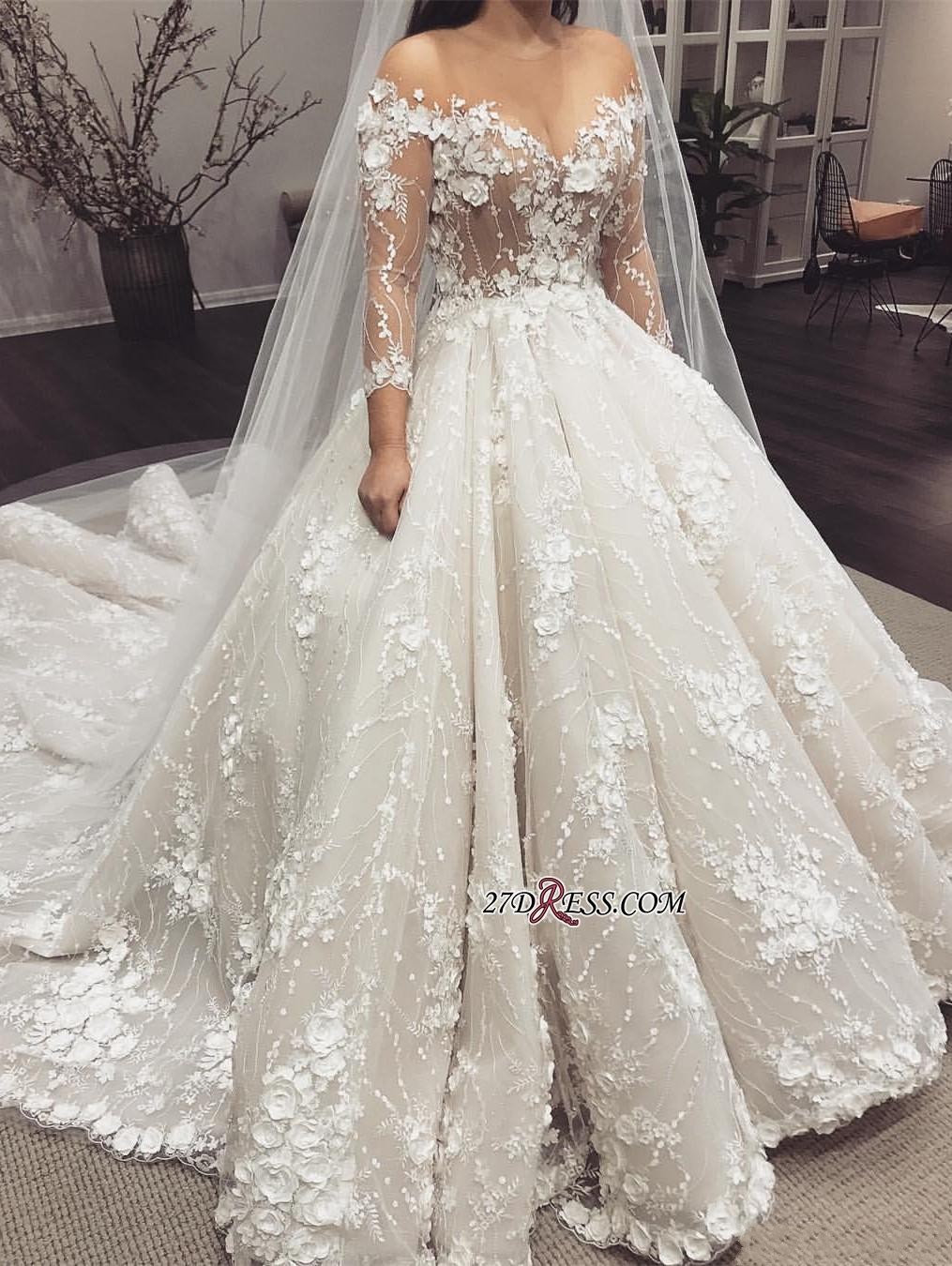 

2019 New Sheer Jewel Neck 3D Lace Wedding Dresses Long Sleeve Ball Gown Wedding Dress See Through Bridal Gowns Handmade Flowers Bride Gowns, Black