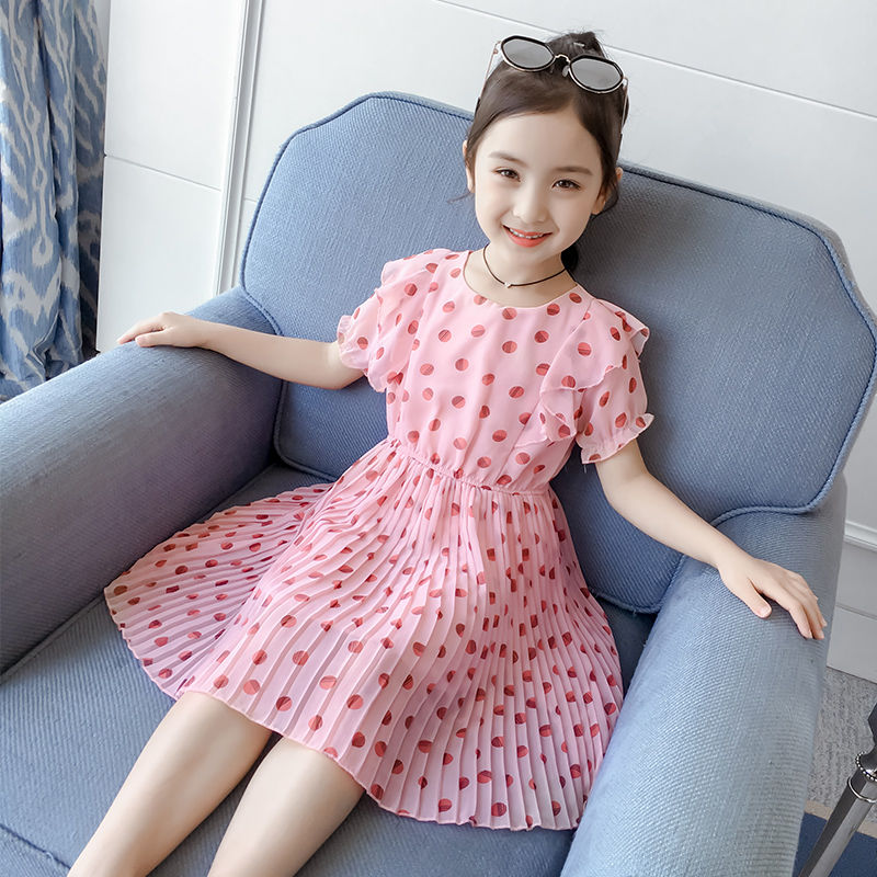 

Girls Dress Summer New Korean-Style Princess Dress 4-14 Years Old Chiffon Floral, Red