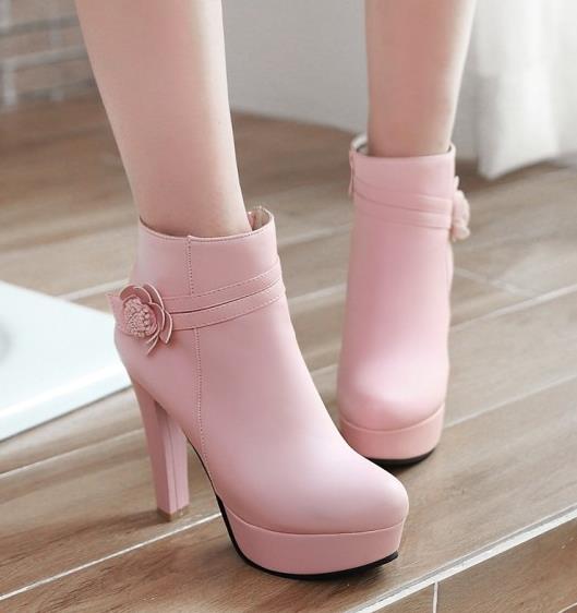 

size 34 to 42 43 pink white flower wedding boots comfortable chunky heel ankle booties luxury designer women boots, Black come with box