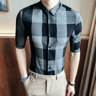 

2020 new plaid shirt men' summer Korean version of the trend of business casual mid-sleeved shirt British Slim and handsome, Black