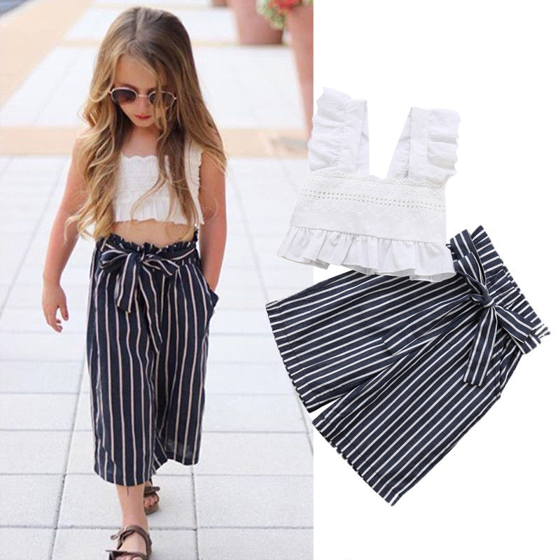 Summer New Blue Striped Lace Toddler Kids Baby Girls Clothe Set Crop Tops Vest + Pants Outfits Set Children Girls Clothing-image-465260914