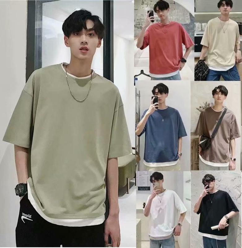 

t shirt men cotton Summer Fake Two-Piece t shirt oversize T-shirt Boys' Loose T-shirt Half-Sleeve Clothes organic cotton, Camel
