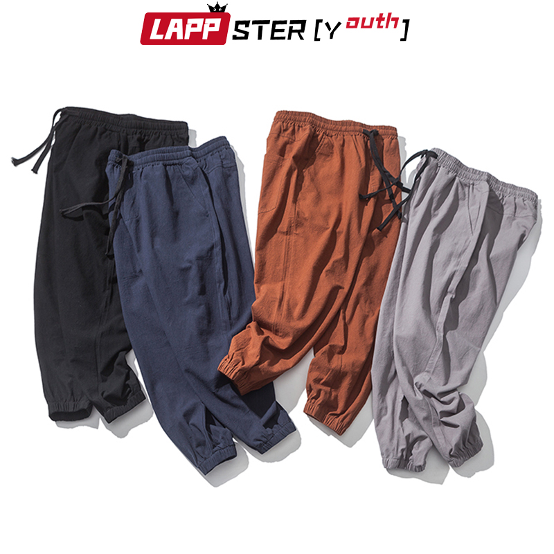 

LAPPSTER-Youth Men Cotton Linen Pants Harajuku 2020 Summer Korean Vintage Joggers Pants Sweatpants Mens 4 Colors Harem, Black