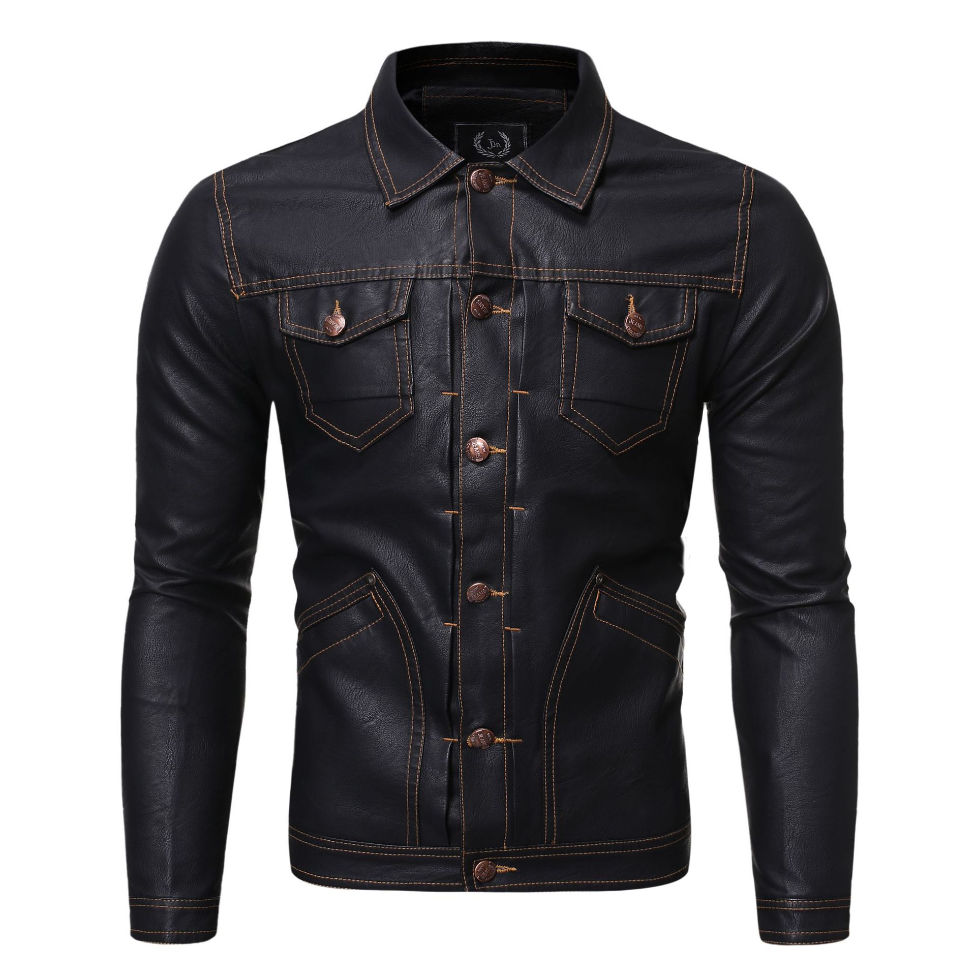 

wholesale trade explosion models Slim leather jacket lapel young men's high-end washing PU leather jacket, Black