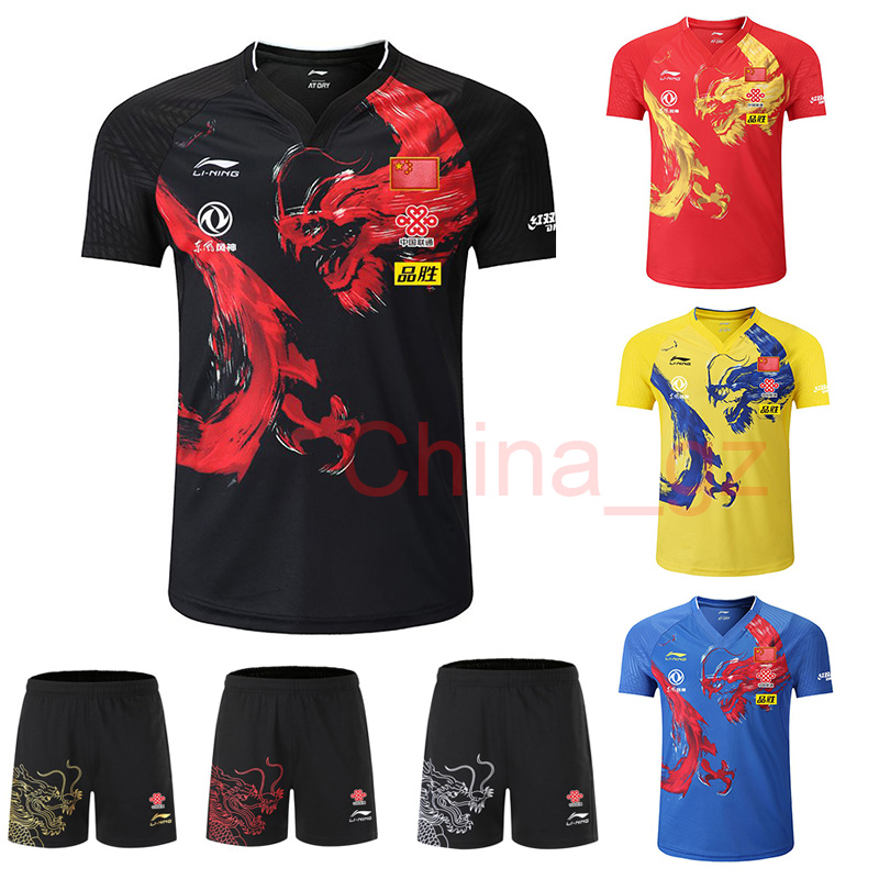 

Li Ning CHINA Table Tennis shirts Men/ women Chinese National Team player Table tennis suits , China Dragon Sports shorts , Badminton shirt, Blue shirt with chinese flag