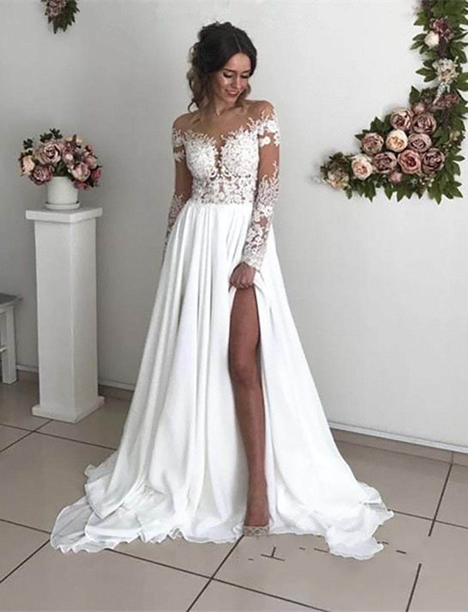 

Vestido De Noiva Sexy V-Neck Side Slit Wedding Dress Long Elegant Lace Appliques Long Sleeve A-Line Wedding Gowns, White
