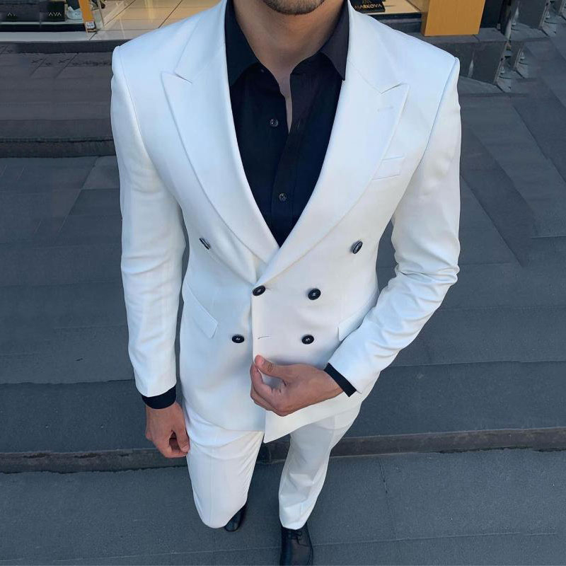 

Double Breasted Boyfriend Suits for Men 2 piece Peaked Lapel Custom Slim fit Wedding Tuxedos for Groomsmen 2020 Man Fashion, Black