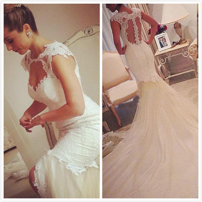 

2020 Mermaid Wedding Dresses Lace Applique Illusion Sexy Covered Buttons Back Sweep Train Sweetheart Wedding Gown Vestido de novia, Silver