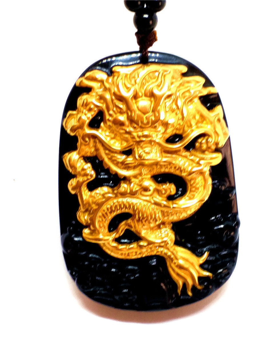

18K 999 Pure Yellow Gold Inlay Natural Obsidian Black Jade Pendant Dragon Necklace Sweater Chain Jewelry Gift Wholesale