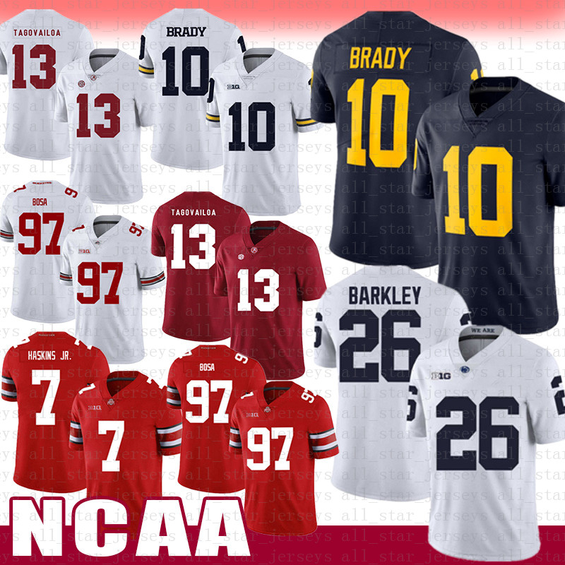 

white Alabama Crimson Tide football Jersey 13 Tua Tagovailoa Michigan Wolverines 10 Tom Brady Penn State Nittany Lion 26 Saquon Barkley, Ncaa (yeshu)