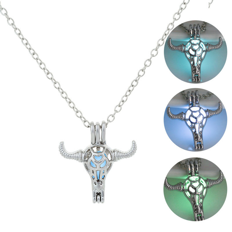 

Fashion Luminous Bull head Pendant necklaces For women Glow In The Dark stone cage Open Lockets silver chains Jewelry in Bulk