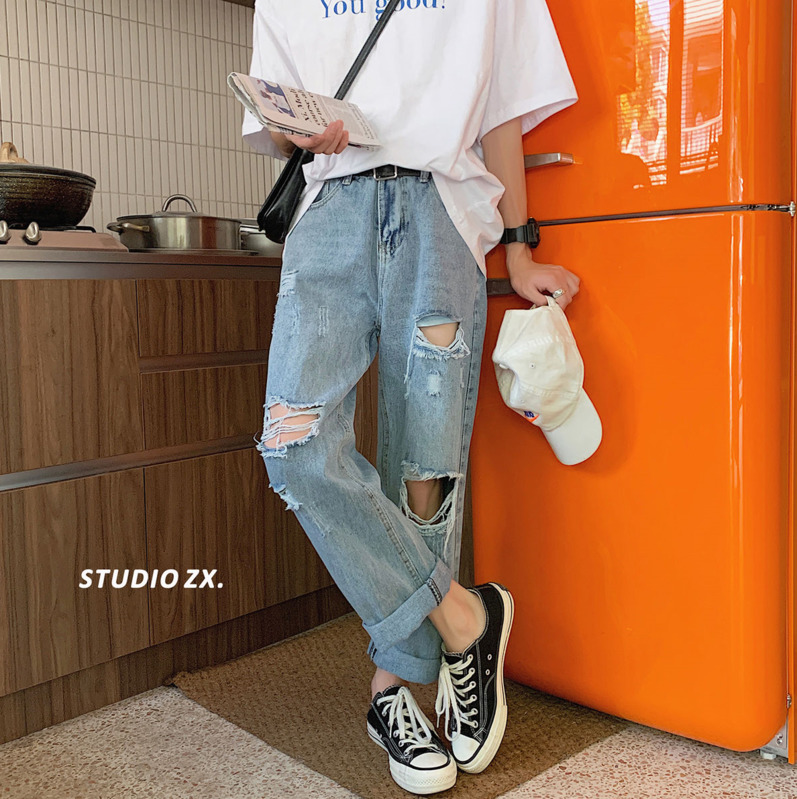

2020 Spring And Summer New Youth Popular Korean Men' Loose Ripped Jeans Fashion Casual Wild Straight Pants Blue -2XL