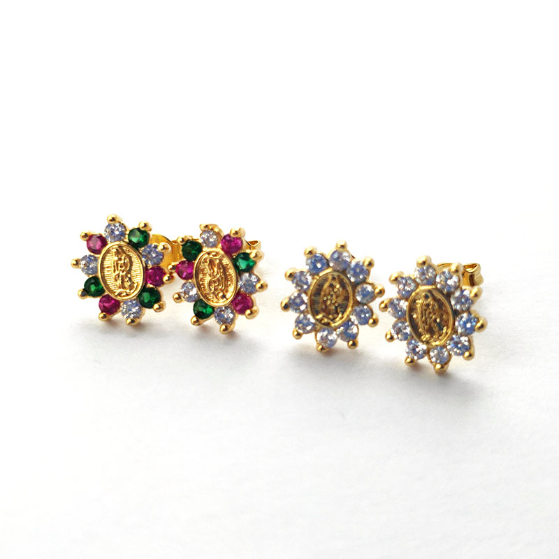 

Trendy Gold Color Virgin Mary Earrings CZ Rainbow cubic zirconia Micro Pave Stud Earrings Jewelry Women Gift ER919