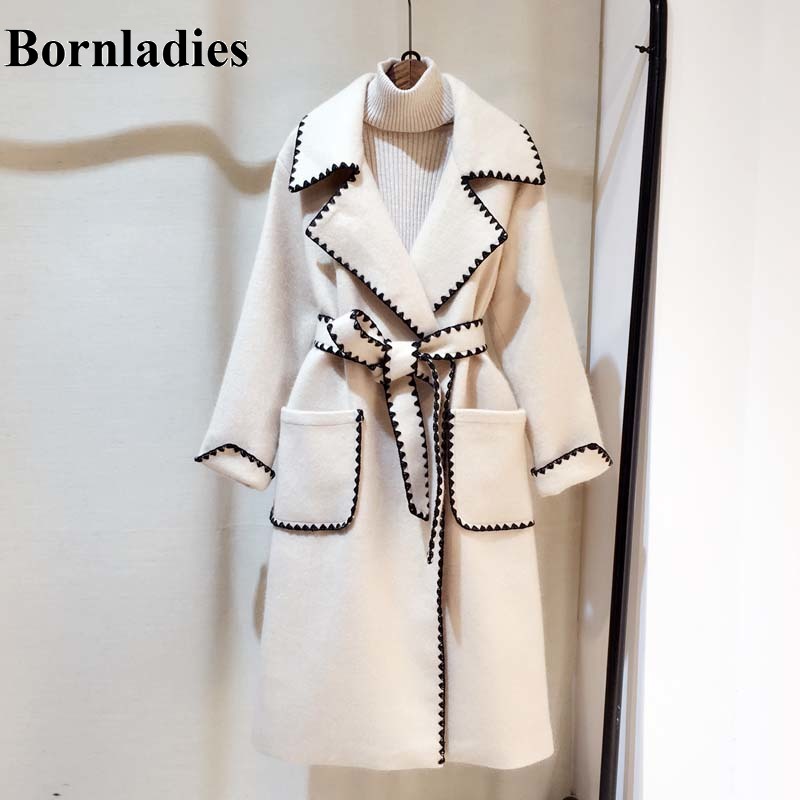 

Bornladies Winter Fashion Wavy Side Embroidery Long Jacket Coat Women Notched Long Sleeve Thick Pocket Sashes Woolen Outerwear, Beige