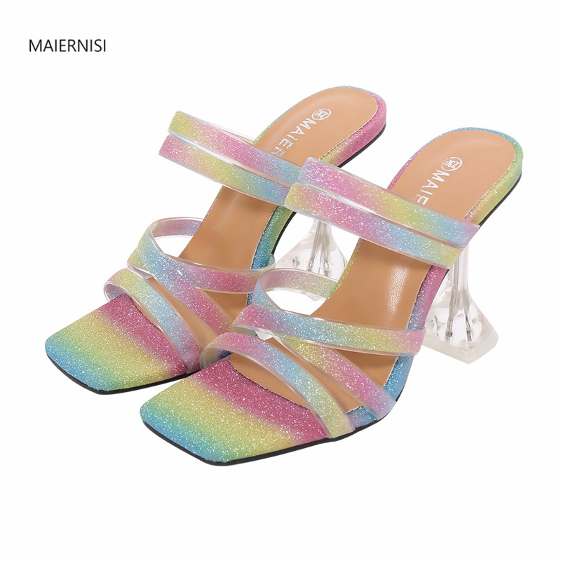 

MAIERNISI woman Summer Sexy women's shoes New pattern Superior quality Sandals 9CM Thin Heels Fashion Show Nightclub 4-14 15, Black