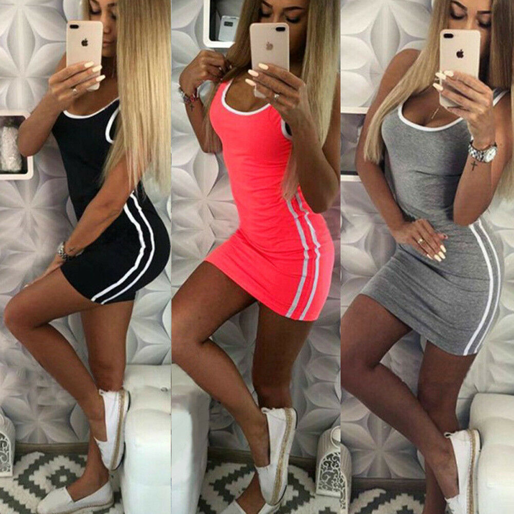 

Casual Dresses Sport Short Dress 2021 Summer Women Leisure Sleeveness U Shape Side Striped Running Sportswear Tennis Vestidos, Black