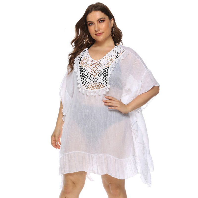 

Plus Size Beach Cover Up Women Bikini Cover-ups White Top Crochet Tassel Dress Ladies Summer Tunics Vestidos De Playa  XXL 3XL