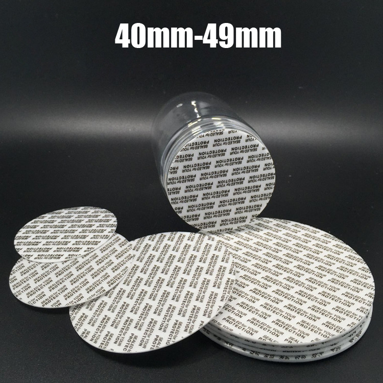 

200pcs Size 40mm-49mm Plastic Foma Seals, 42mm 44mm 45mm 46mm 47mm 48mm Self Sticky Bottle Seals, Pressure Sensitive Sticky Sealer