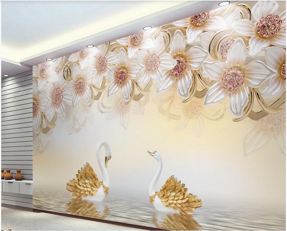 

custom photo 3d wallpaper 3D space 3d stereo jewelry flower swan TV background wall stretch ceiling wallpaper for walls 3 d, Non-woven wallpaper