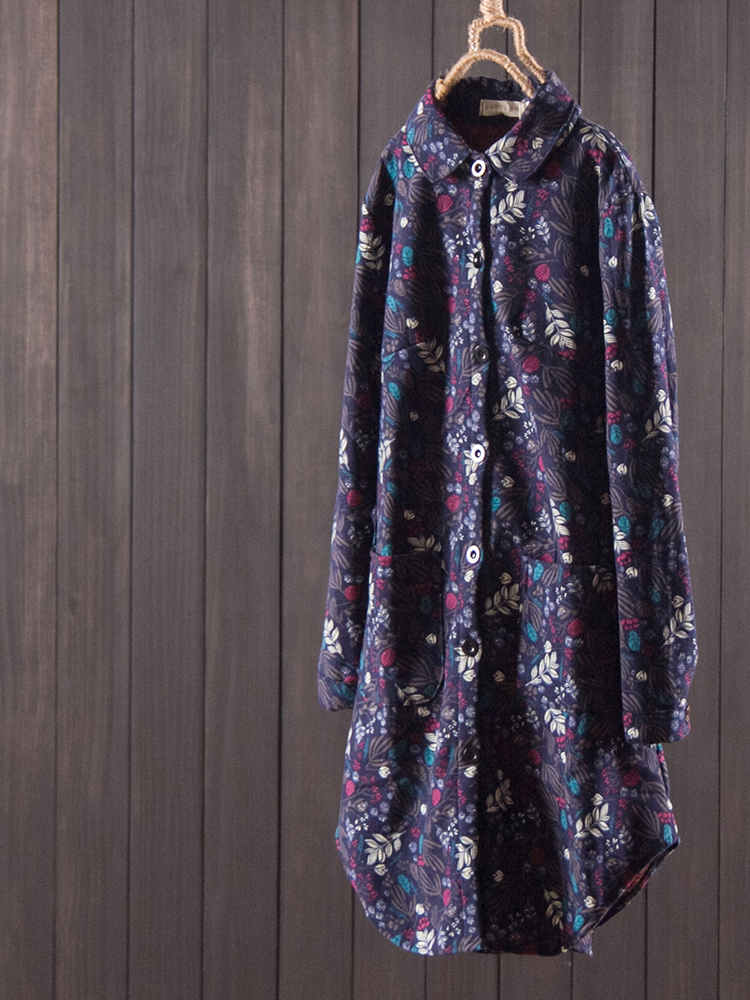 

Floral ethnic long sleeves plus velvet thickened long trench coat, Royal blue