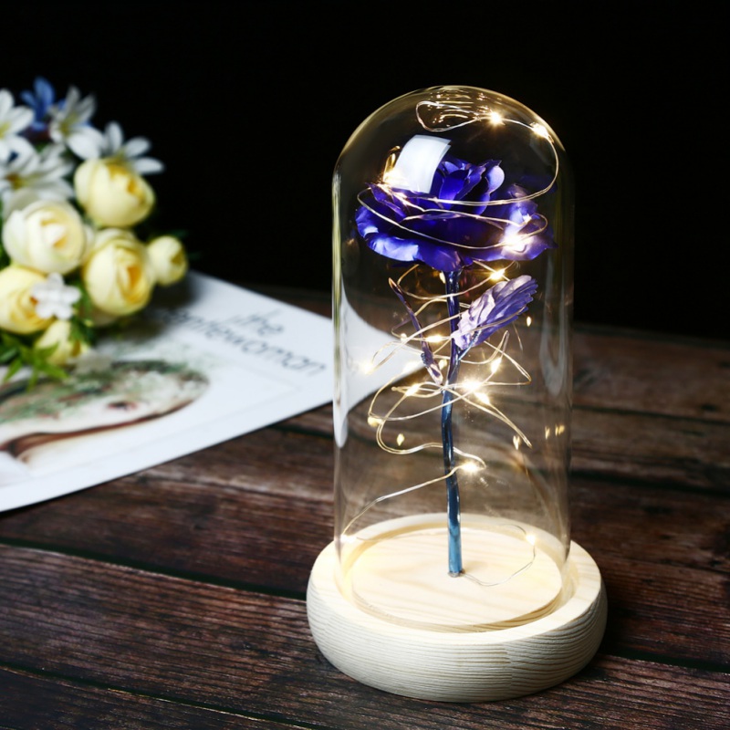 

The Best Valentine's Day Gift Gold Foil Artificial Rose Flower And LED Light String In Glass Dome On Wooden Base For Women