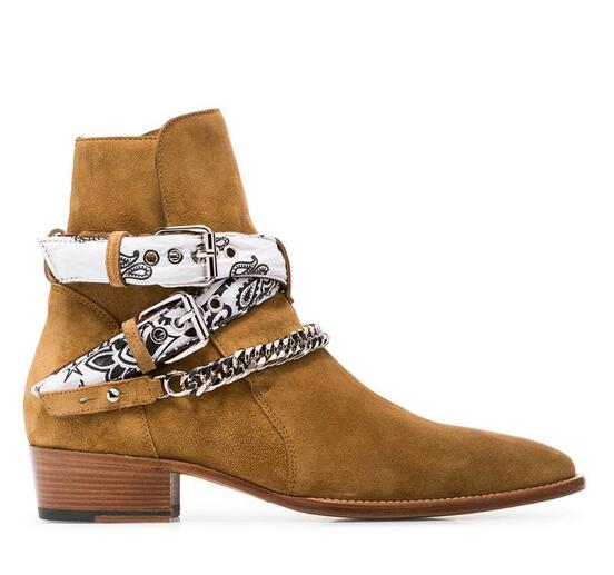 

New Brand Ami Ri Bandana Buckle Boots Rock Roll Culture Cool Suede Silver-tone Metal Curb Chain Buckles Straps Low Stacked Heel Boots Shoes, Brown