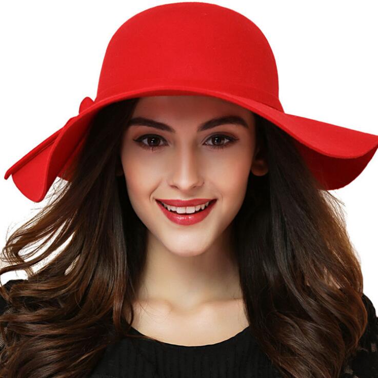 

Women Hat Bowknot Wool Fedoras Cap Basin Of Dome Woolen Cloth Hat Female Cloth Basin Cap, Wine