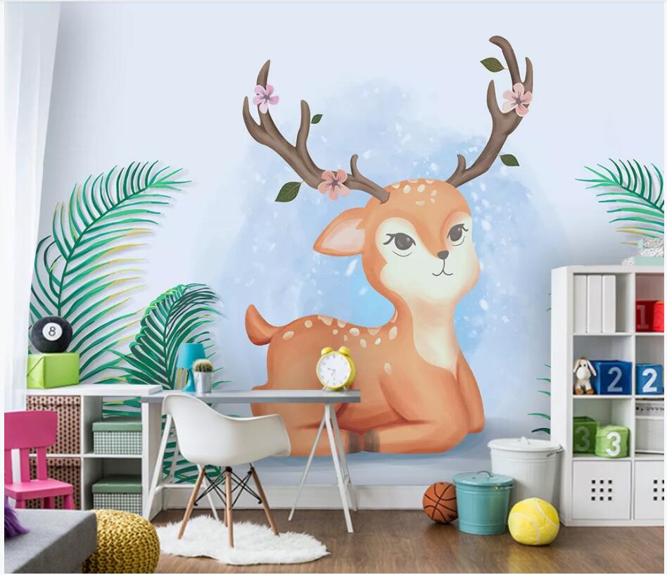 

3d wallpaper custom photo Modern minimalist cartoon cute elk leaves children's room background decor 3d wall murals wallpaper for walls 3 d, Non-woven wallpaper