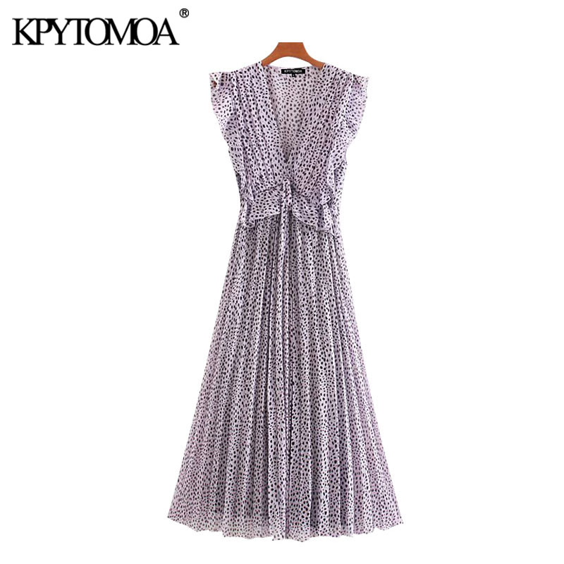 

KPYTOMOA Women 2020 Chic Fashion Pleated Printed Ruffled Midi Dress Vintage Sleeveless Elastic Waist Tied Female Dresses Mujer, As picture