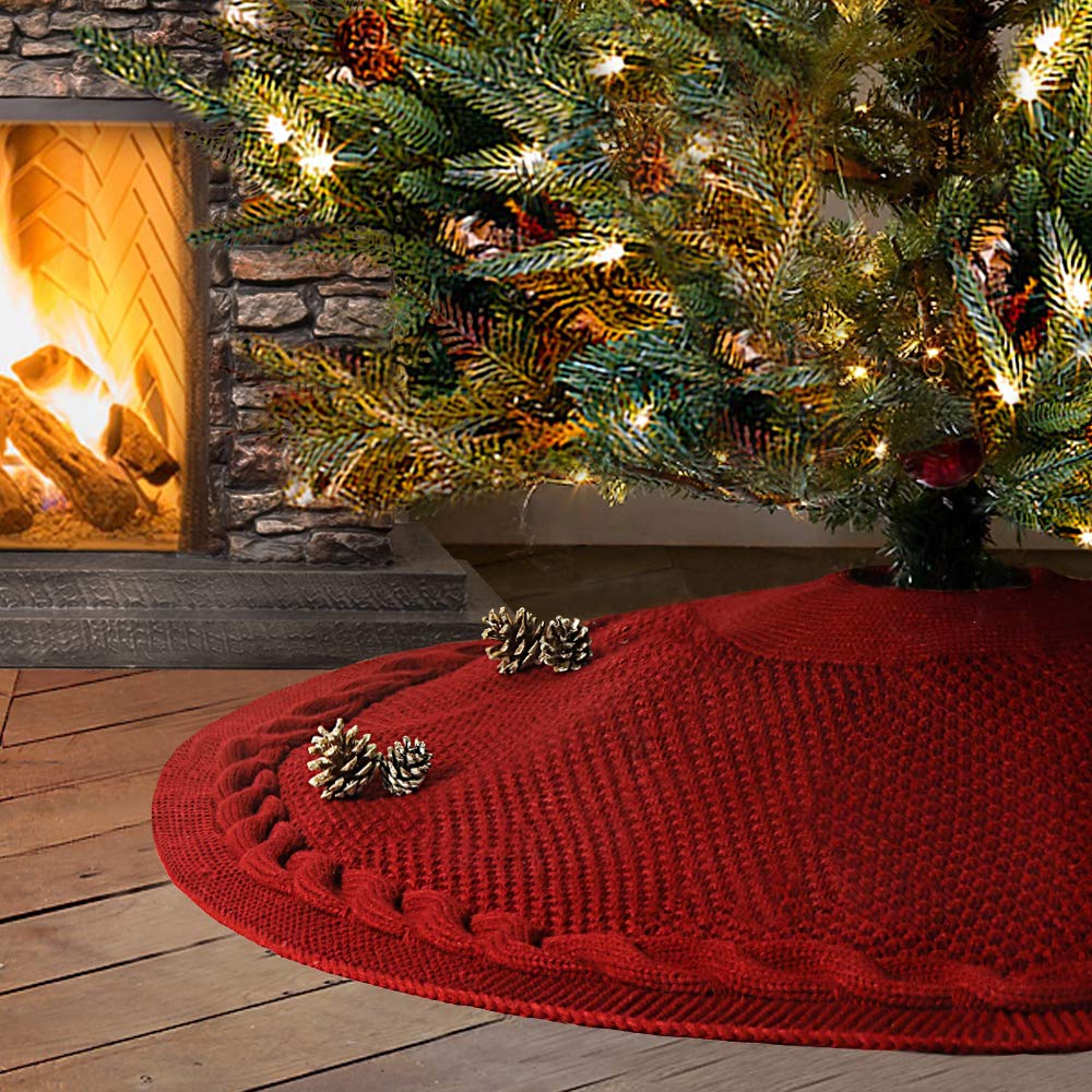 

48 inches Christmas Tree Skirt Large Burgundy Cable Knit Knitted Thicken Rustic Cotton Linen Skirt Xmas Tree Holiday Decorations